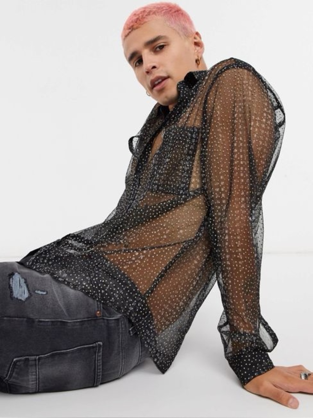 ASOS DESIGN Men’s Black Glitter Sheer Mesh Button Down Shirt - Size M